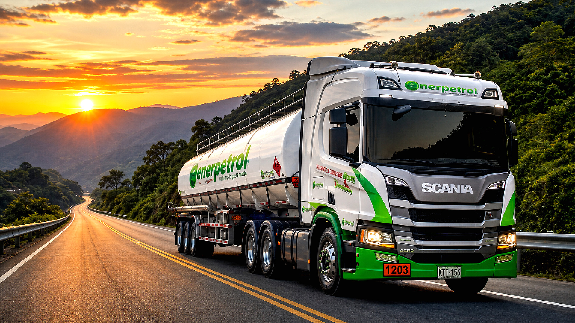 Tractocamión Scania blanco y verde Enerpetrol en ruta de montaña